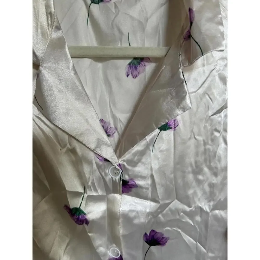 2XL Satin Floral Pajama Set with Button-Up Shirt and Elastic Waist Pants